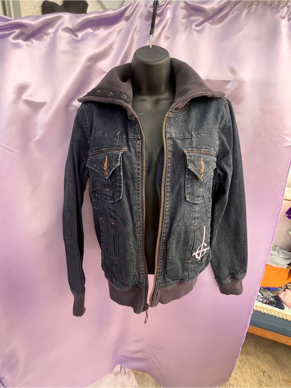 Women's Black Denim Bomber Jacket with Rib Knit Collar